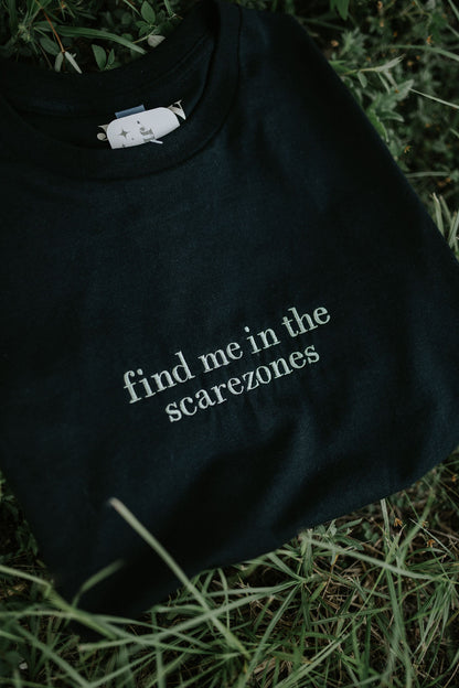 "Find Me in the Scarezones" Embroidered Tee -- COmfort Colors Tee, HHN Inspired Tee, Halloween Shirt