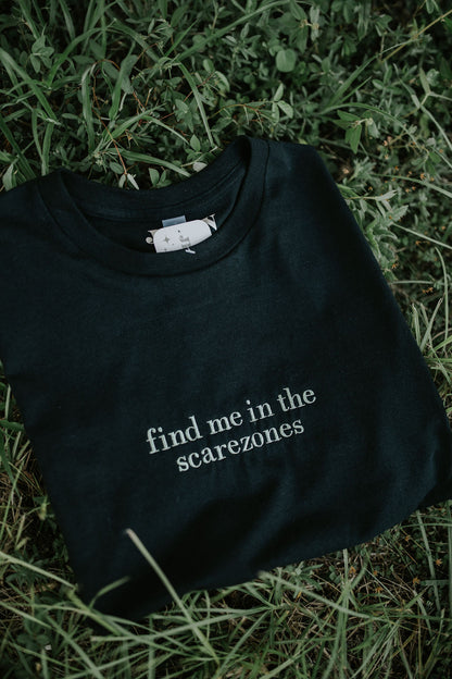 "Find Me in the Scarezones" Embroidered Tee -- COmfort Colors Tee, HHN Inspired Tee, Halloween Shirt