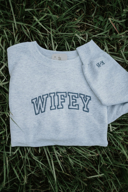 Wifey Embroidered Crewneck -- Varsity Wifey Sweatshirt, Bride Crewneck