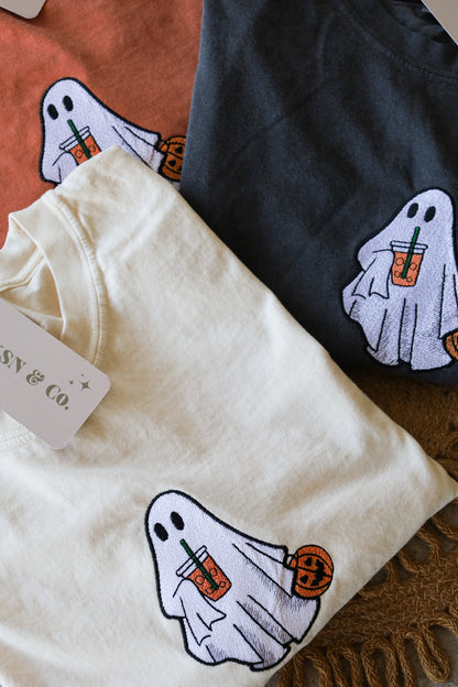 Iced Coffee Ghost Embroidered Tee -- Comfort Colors Tee, Short Sleeve Tee, Spooky SZN, Coffee Lover, Halloween Tee, Spooky