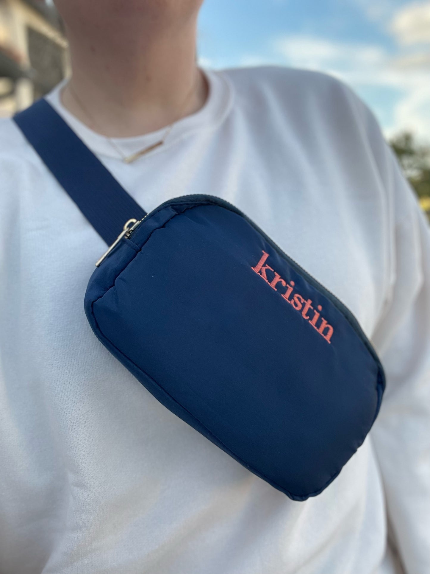 The Courtnie | Navy Embroidered Belt Bag