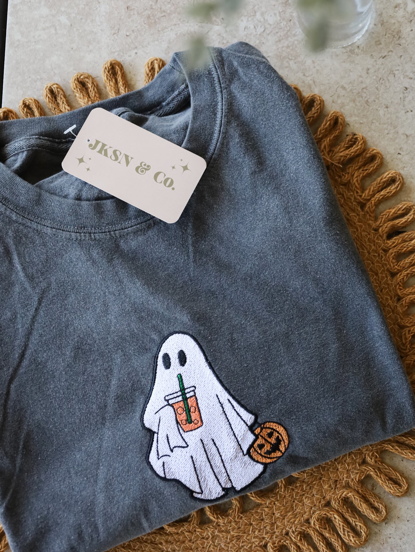 Iced Coffee Ghost Embroidered Tee -- Comfort Colors Tee, Short Sleeve Tee, Spooky SZN, Coffee Lover, Halloween Tee, Spooky