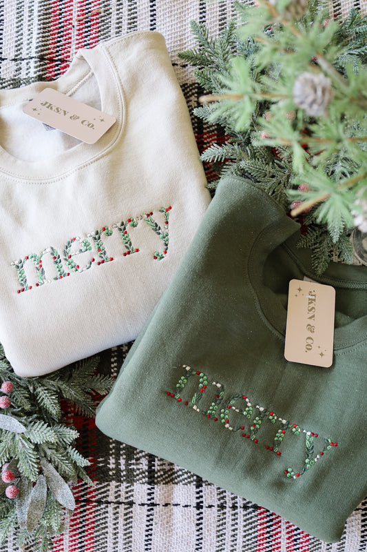 Floral Merry Embroidered Christmas Crewneck -- Christmas Sweatshirt