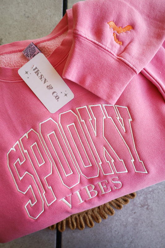 Spooky Vibes Embroidered Sweatshirt w/ Bat Sleeve, Halloween Sweatshirt