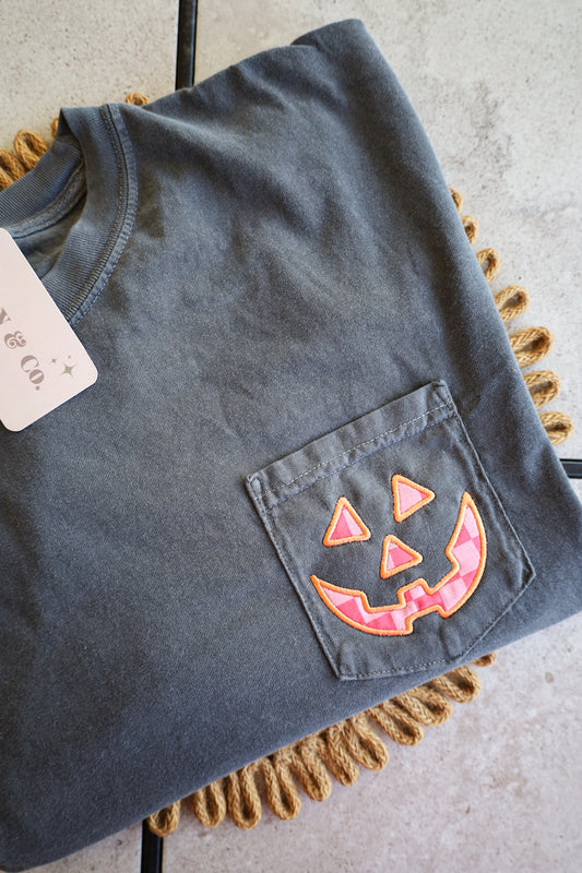 Pink Checkered Jack-O-Lantern Appliqué Comfort Colors Pocket Tee, Halloween Tee