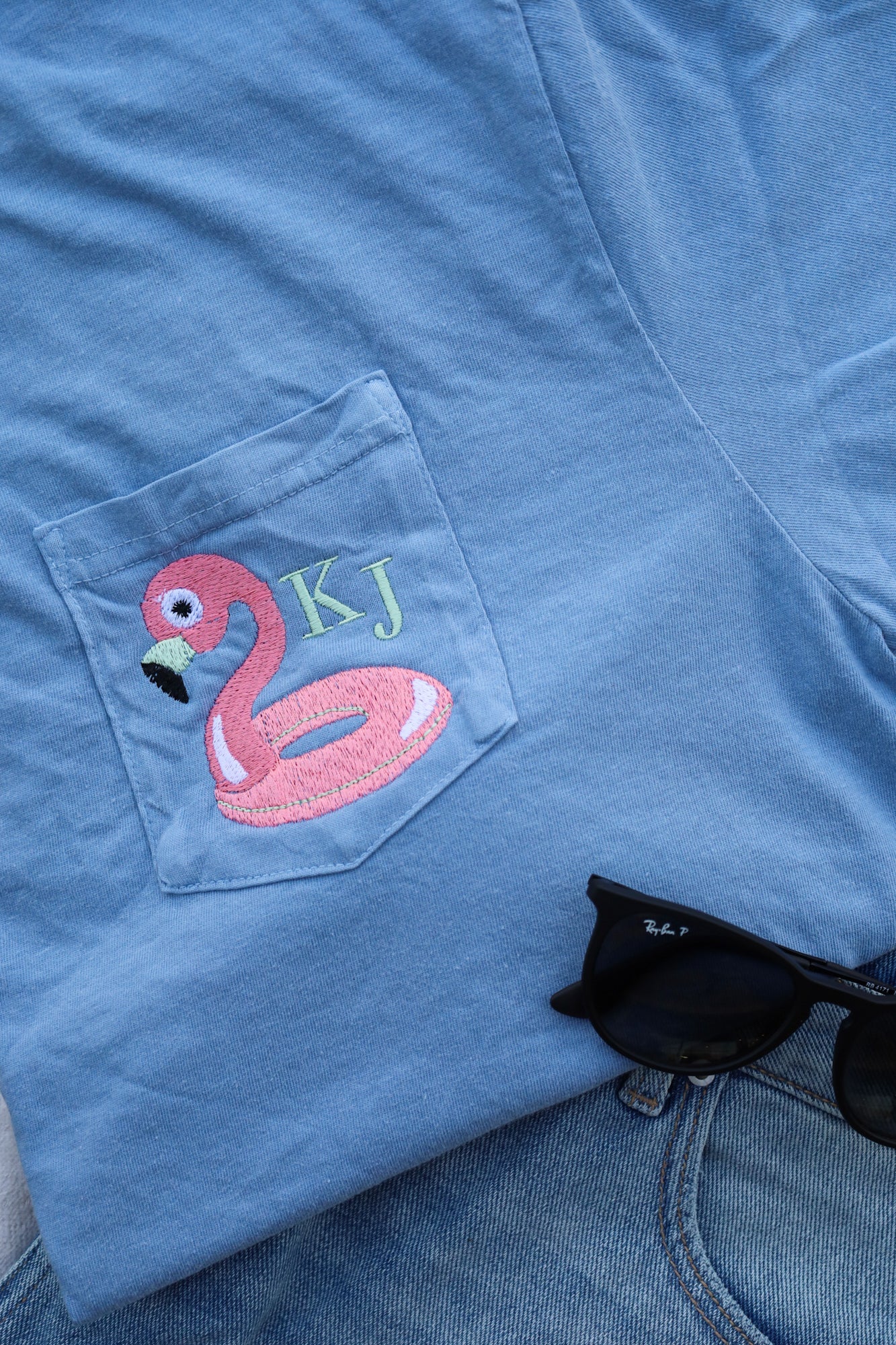 Flamingo Floaty Monogram Comfort Colors Pocket Tee -- Summer Tee