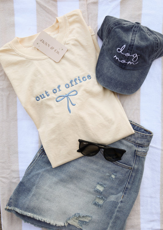 Embroidered Out of Office Coquette Bow Comfort Colors Tee -- Vacay Tee