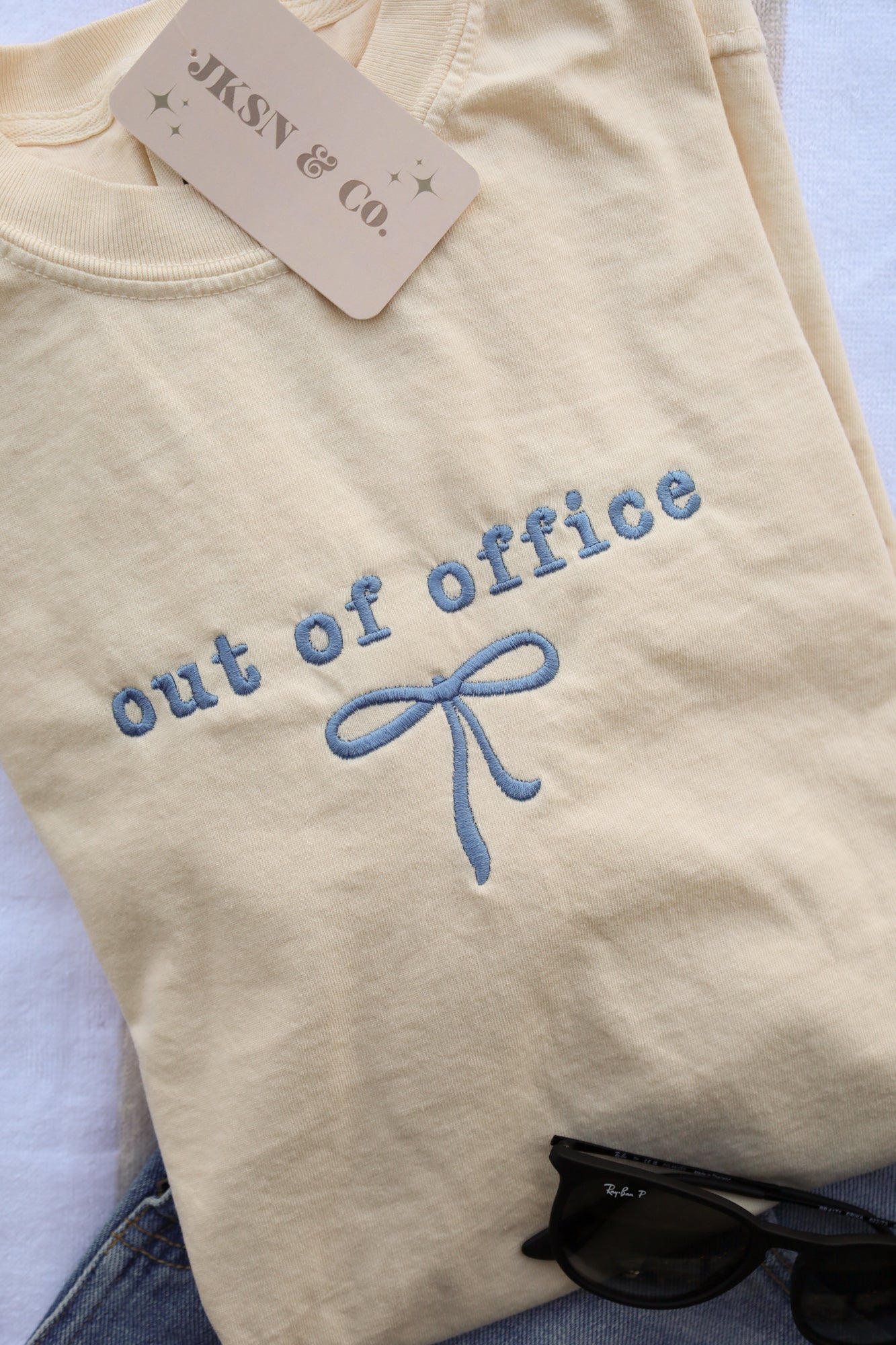 Embroidered Out of Office Coquette Bow Comfort Colors Tee -- Vacay Tee