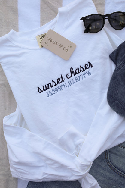 Embroidered Sunset Chaser Customizable  Coordinates Comfort Colors Tee