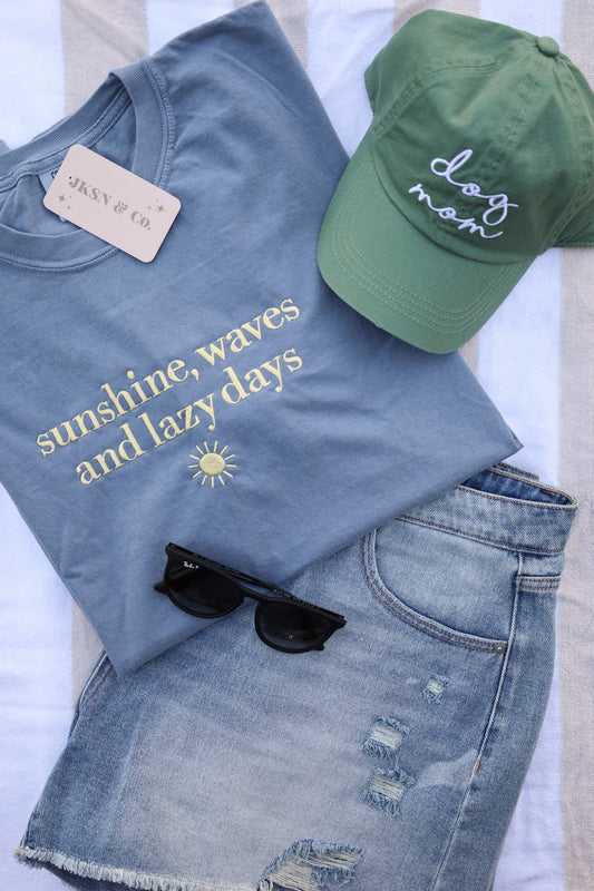 Embroidered Sunshine, Waves & Lazy Days Comfort Colors Tee -- Beach or Poolside Tee