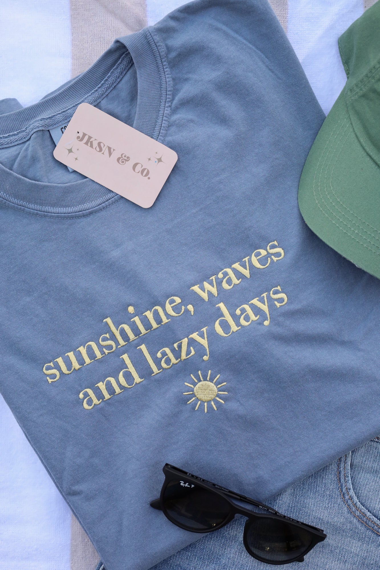 Embroidered Sunshine, Waves & Lazy Days Comfort Colors Tee -- Beach or Poolside Tee