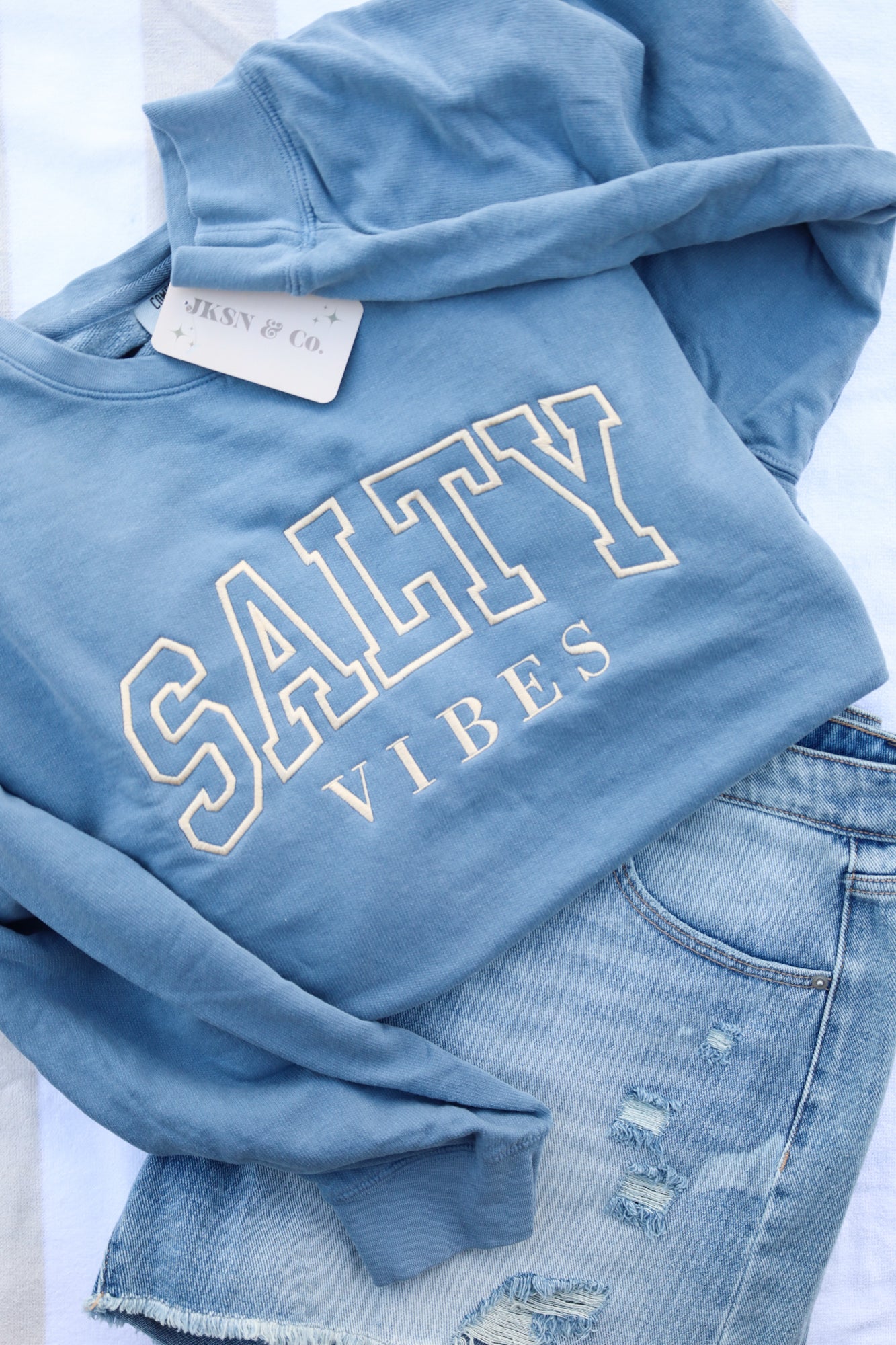 Embroidered "Salty Vibes" Comfort Colors Lightweight Crewneck -- Beach Sweatshirt