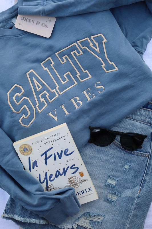 Embroidered "Salty Vibes" Comfort Colors Lightweight Crewneck -- Beach Sweatshirt
