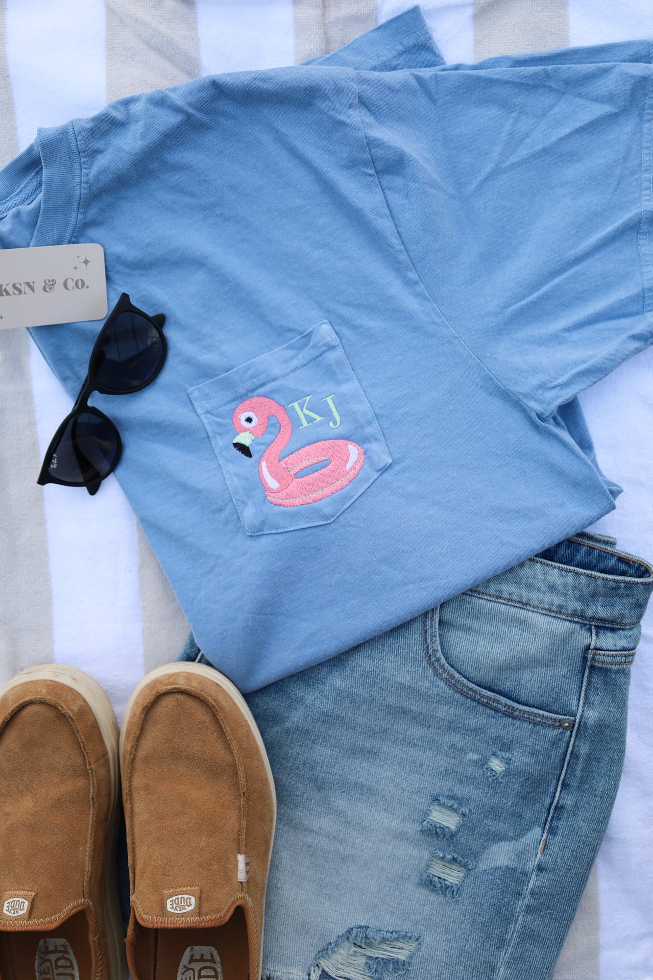 Flamingo Floaty Monogram Comfort Colors Pocket Tee -- Summer Tee