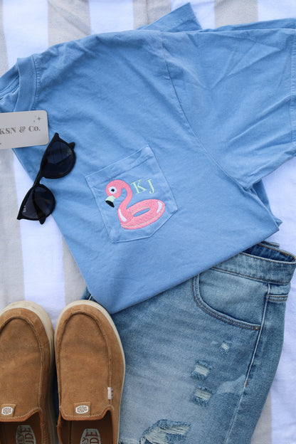 Flamingo Floaty Monogram Comfort Colors Pocket Tee -- Summer Tee