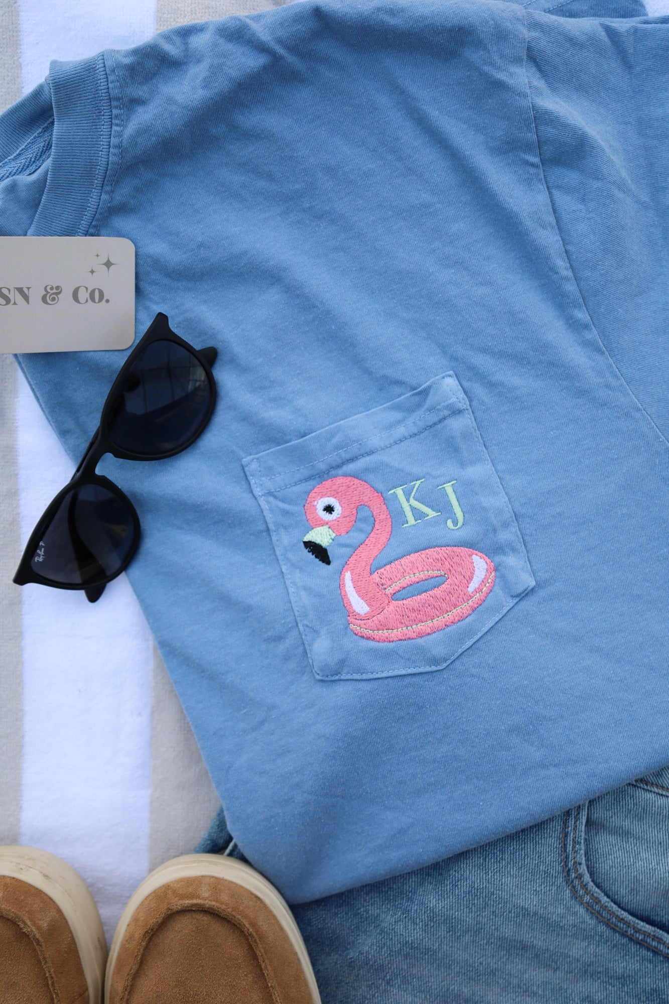 Flamingo Floaty Monogram Comfort Colors Pocket Tee -- Summer Tee