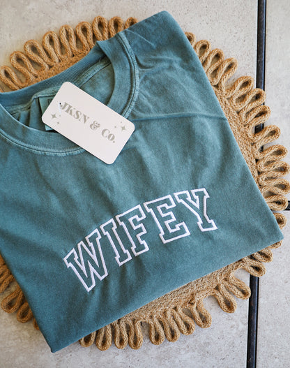 Customizable Wifey Embroidered Comfort Colors Tee --Mrs. Tee, Gift for Bride