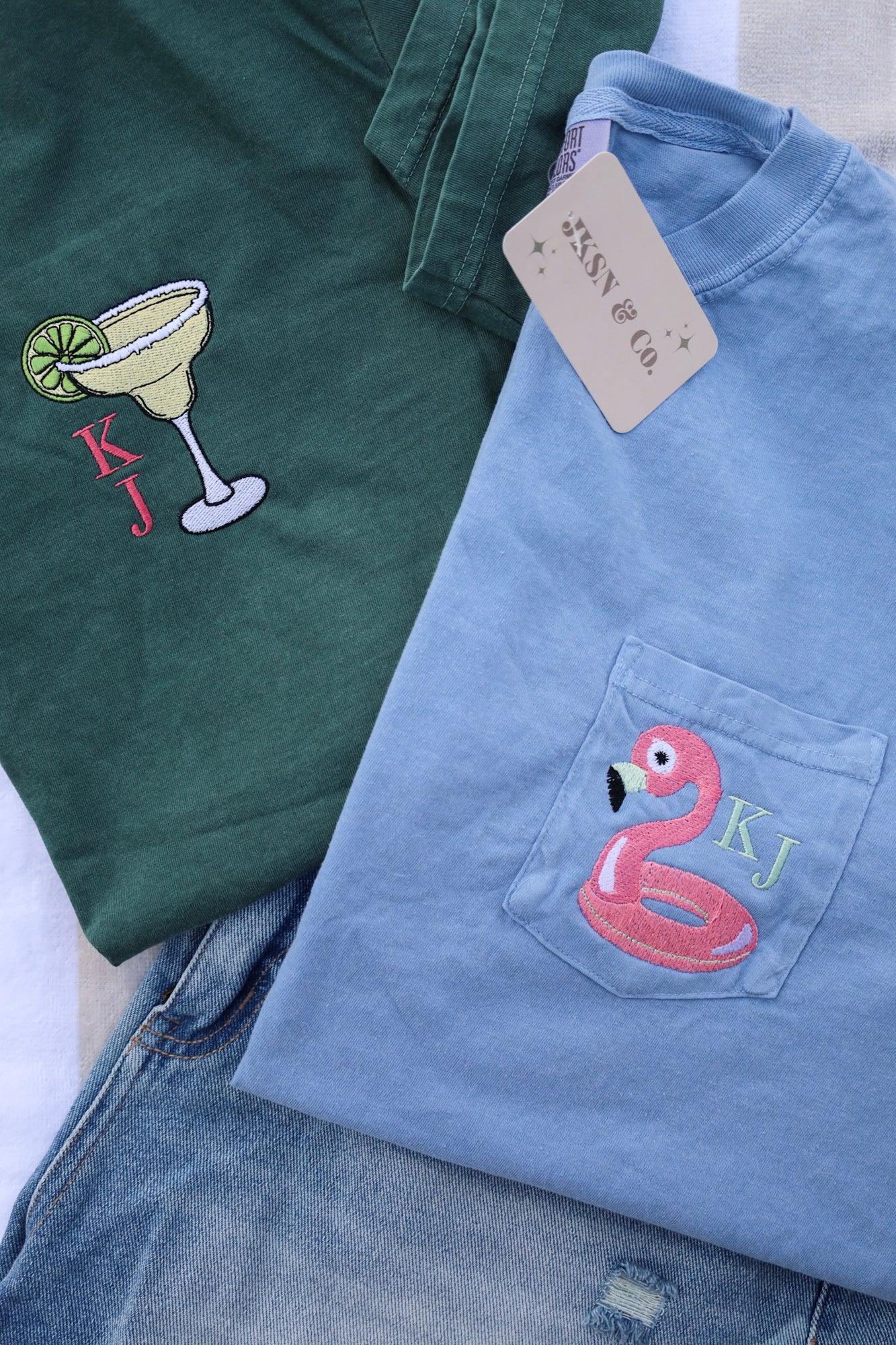 Flamingo Floaty Monogram Comfort Colors Pocket Tee -- Summer Tee