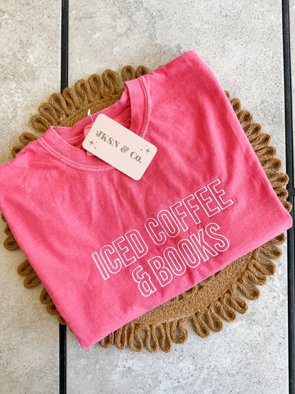 Iced Coffee and Books Embroidered Tee — Comfort Colors Embroidered Tee, Bookish Tee, Iced Coffee, Short Sleeve Tee, Long Sleeve Tee