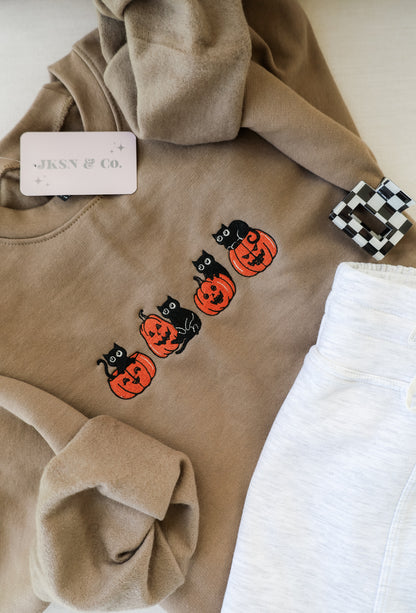 Classic Halloween Black Cats Embroidered Sweatshirt + Tee