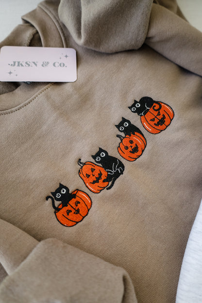 Classic Halloween Black Cats Embroidered Sweatshirt + Tee