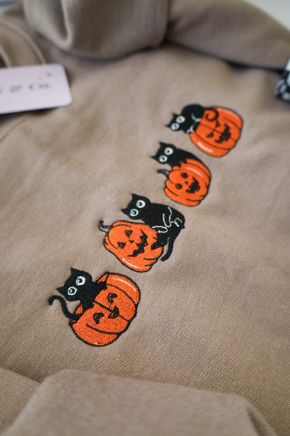 Classic Halloween Black Cats Embroidered Sweatshirt + Tee