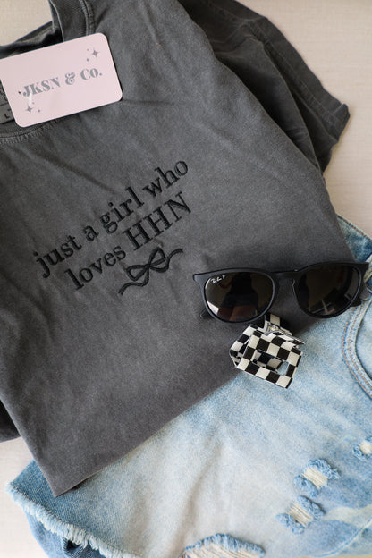 Just A Girl who Loves HHN Embroidered Tee + Sweatshirt - Comfort Colors