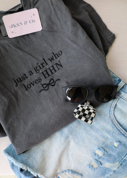 Just A Girl who Loves HHN Embroidered Tee + Sweatshirt - Comfort Colors