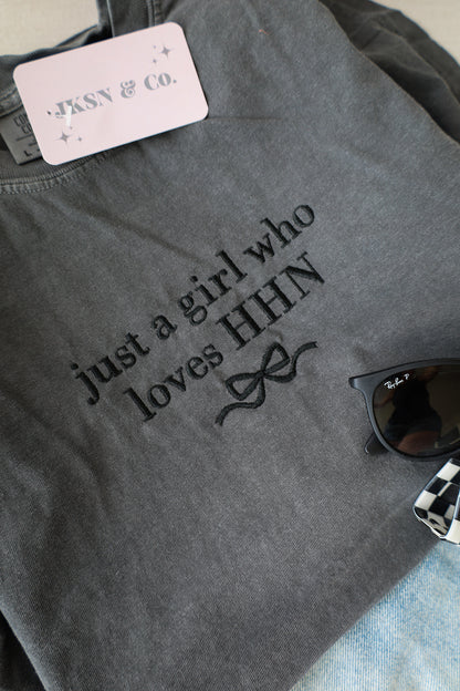Just A Girl who Loves HHN Embroidered Tee + Sweatshirt - Comfort Colors