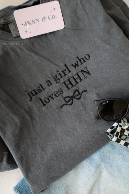 Just A Girl who Loves HHN Embroidered Tee + Sweatshirt - Comfort Colors