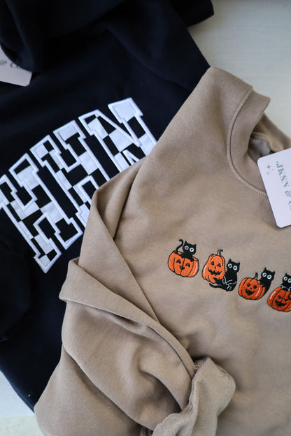 Classic Halloween Black Cats Embroidered Sweatshirt + Tee