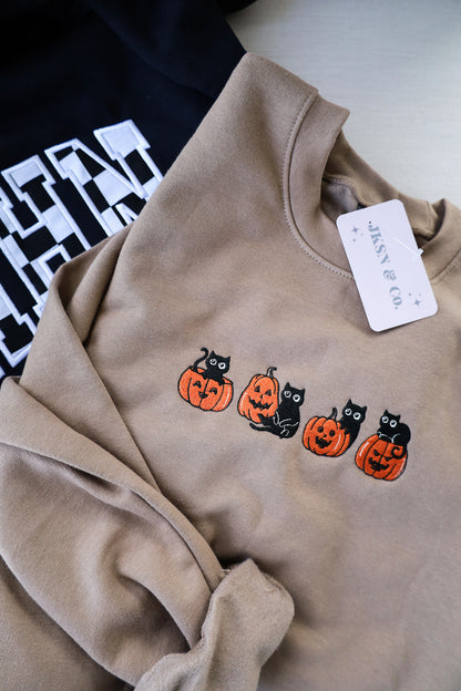 Classic Halloween Black Cats Embroidered Sweatshirt + Tee