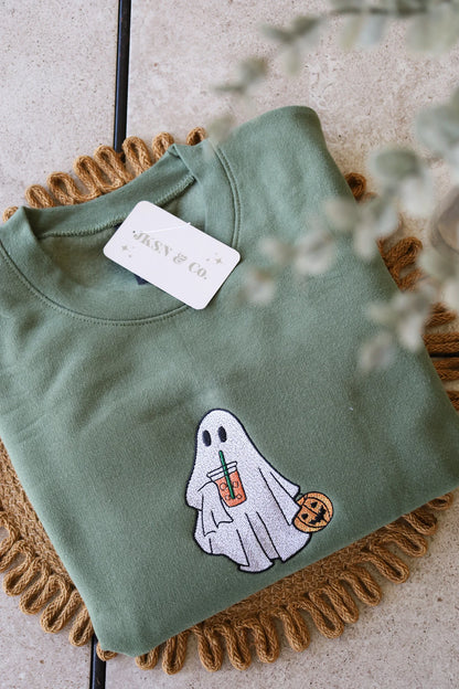 Iced Coffee Ghost Embroidered Crewneck | Ghost Sweatshirt | Spooky Crewneck | Spooky Apparel | Embroidered Crewneck | Embroidered Sweatshirt