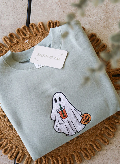 Iced Coffee Ghost Embroidered Crewneck | Ghost Sweatshirt | Spooky Crewneck | Spooky Apparel | Embroidered Crewneck | Embroidered Sweatshirt