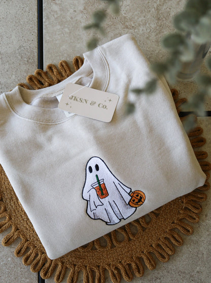 Iced Coffee Ghost Embroidered Crewneck | Ghost Sweatshirt | Spooky Crewneck | Spooky Apparel | Embroidered Crewneck | Embroidered Sweatshirt