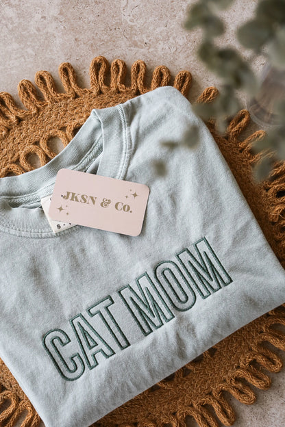 Customizable Cat Mom and Cat Dad Embroidered Tee — Comfort Colors Embroidered Tee