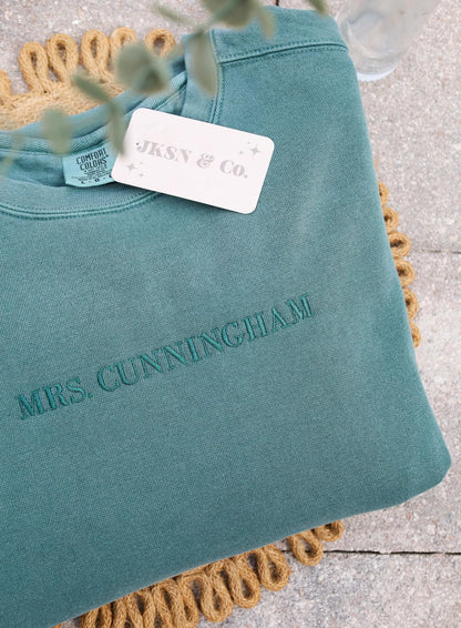 Custom Embroidered Sweatshirt -- Dainty Embroidery, Great Gift, Gift for Her, Gift for Bride, Custom Embroidery, Comfort Colors