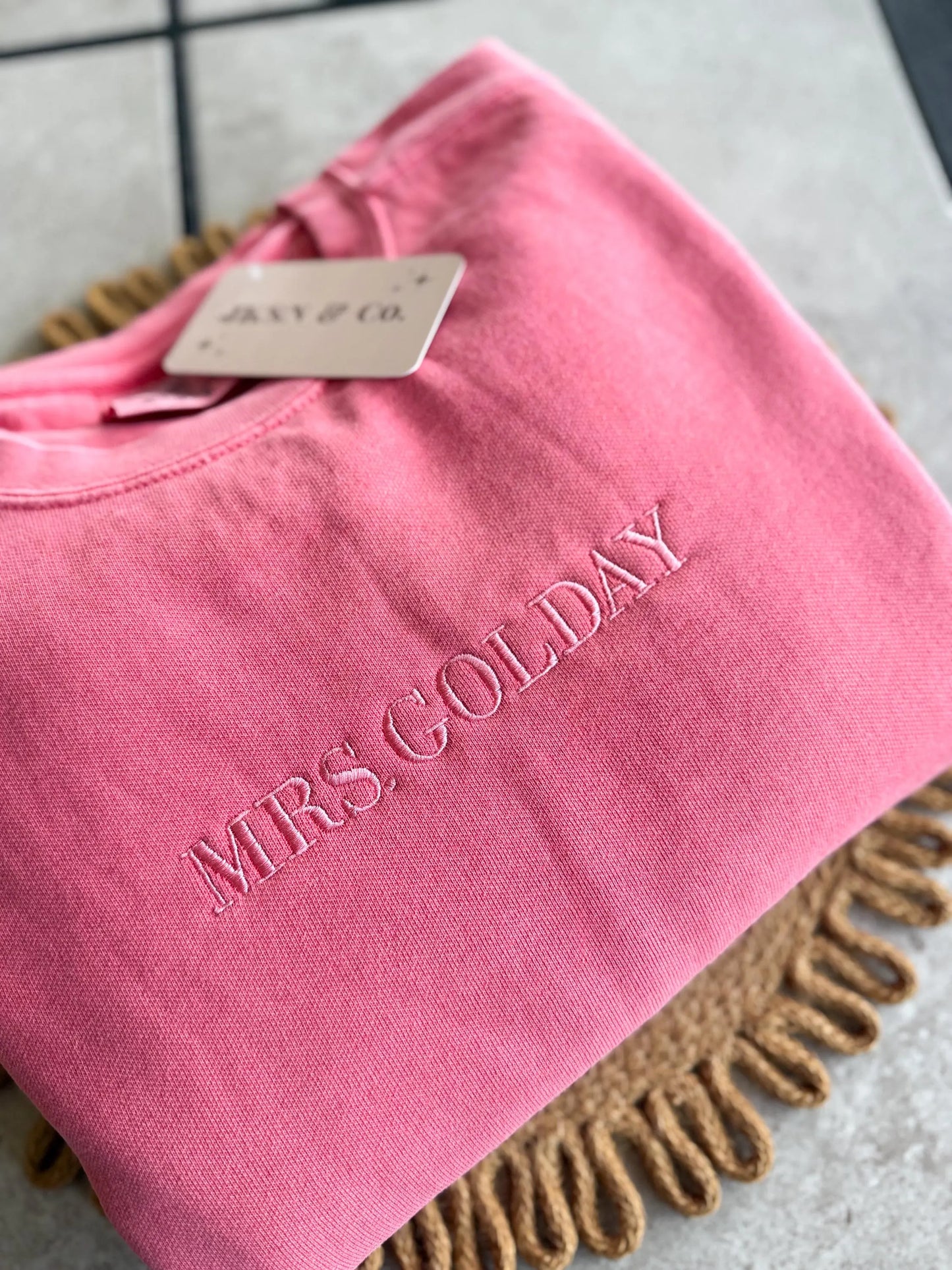 Custom Embroidered Sweatshirt -- Dainty Embroidery, Great Gift, Gift for Her, Gift for Bride, Custom Embroidery, Comfort Colors