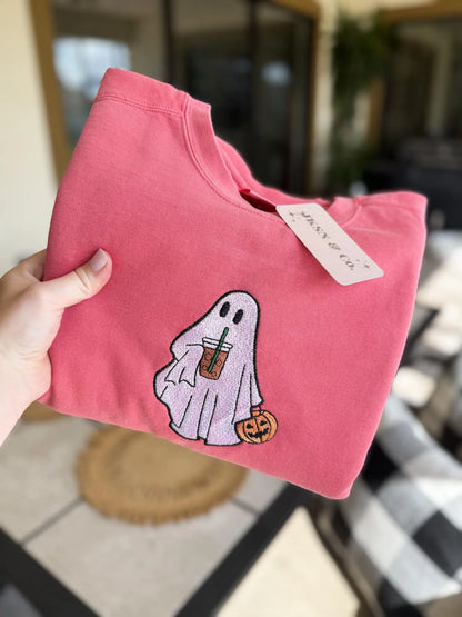 Embroidered Iced Coffee Ghost Sweatshirt – Comfort Colors Crewneck, Cozy Fall Aesthetic, Halloween Ghost Coffee Lover Gift, Coffee Ghost