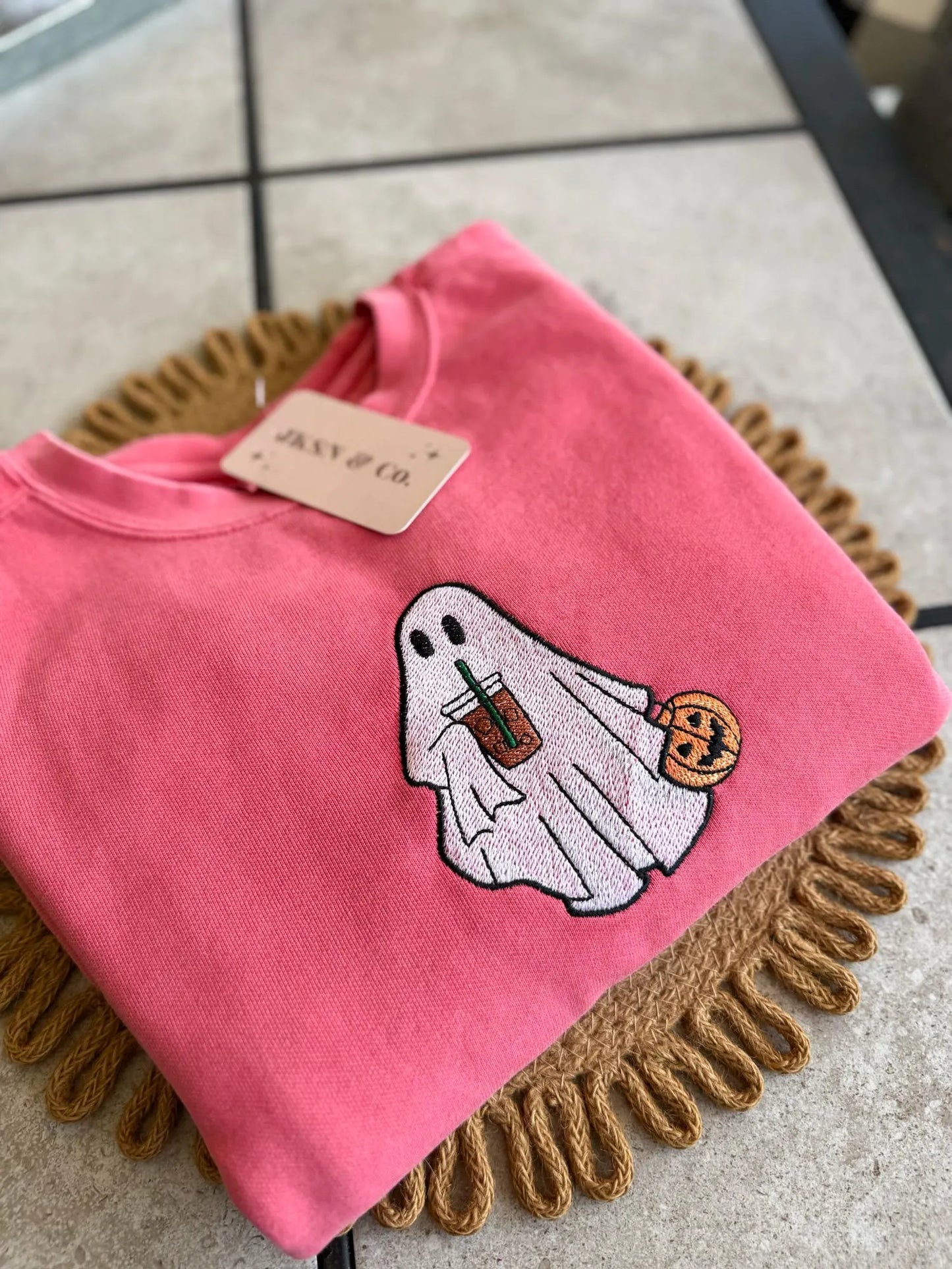 Embroidered Iced Coffee Ghost Sweatshirt – Comfort Colors Crewneck, Cozy Fall Aesthetic, Halloween Ghost Coffee Lover Gift, Coffee Ghost