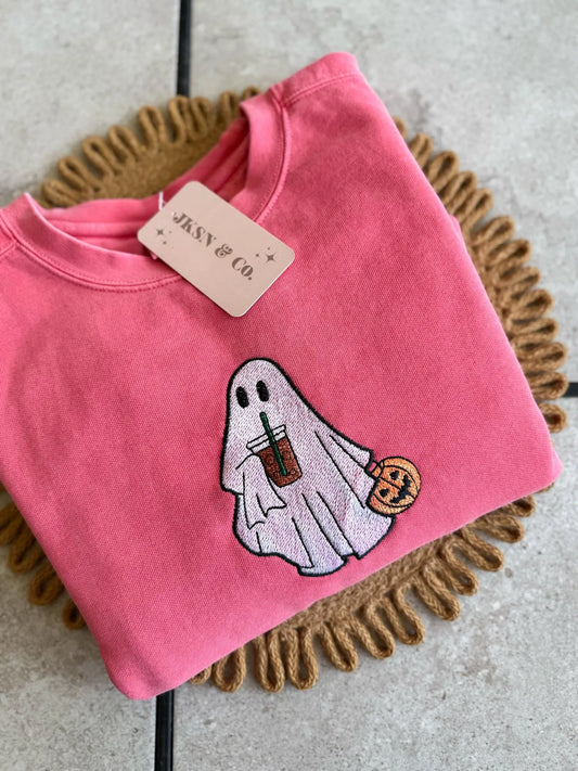 Embroidered Iced Coffee Ghost Sweatshirt – Comfort Colors Crewneck, Cozy Fall Aesthetic, Halloween Ghost Coffee Lover Gift, Coffee Ghost