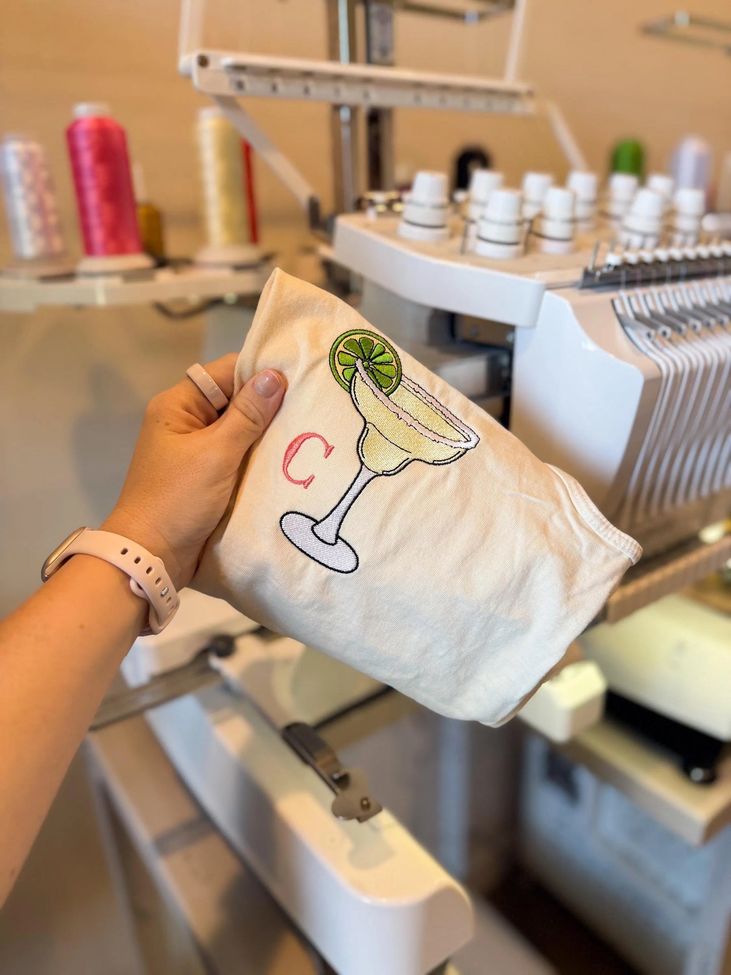Custom Embroidered Margarita Single Initial Monogram Tee – Embroidered Comfort Colors, Bachelorette Matching Shirts, Cocktail Sweatshirt
