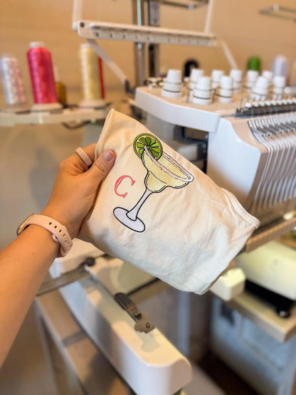 Custom Embroidered Margarita Single Initial Monogram Tee – Embroidered Comfort Colors, Bachelorette Matching Shirts, Cocktail Sweatshirt