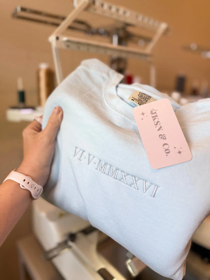 Roman Numeral Embroidered Crewneck + Tee